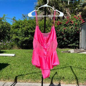 Vintage Jill Andrea of New York Pink 100% Nylon Satin Mesh Teddy Bodysuit Size L